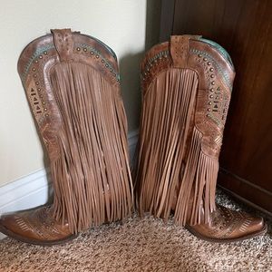 Corral Ladies Brown & Multicolor Crystal Fringe Snip Toe Boots